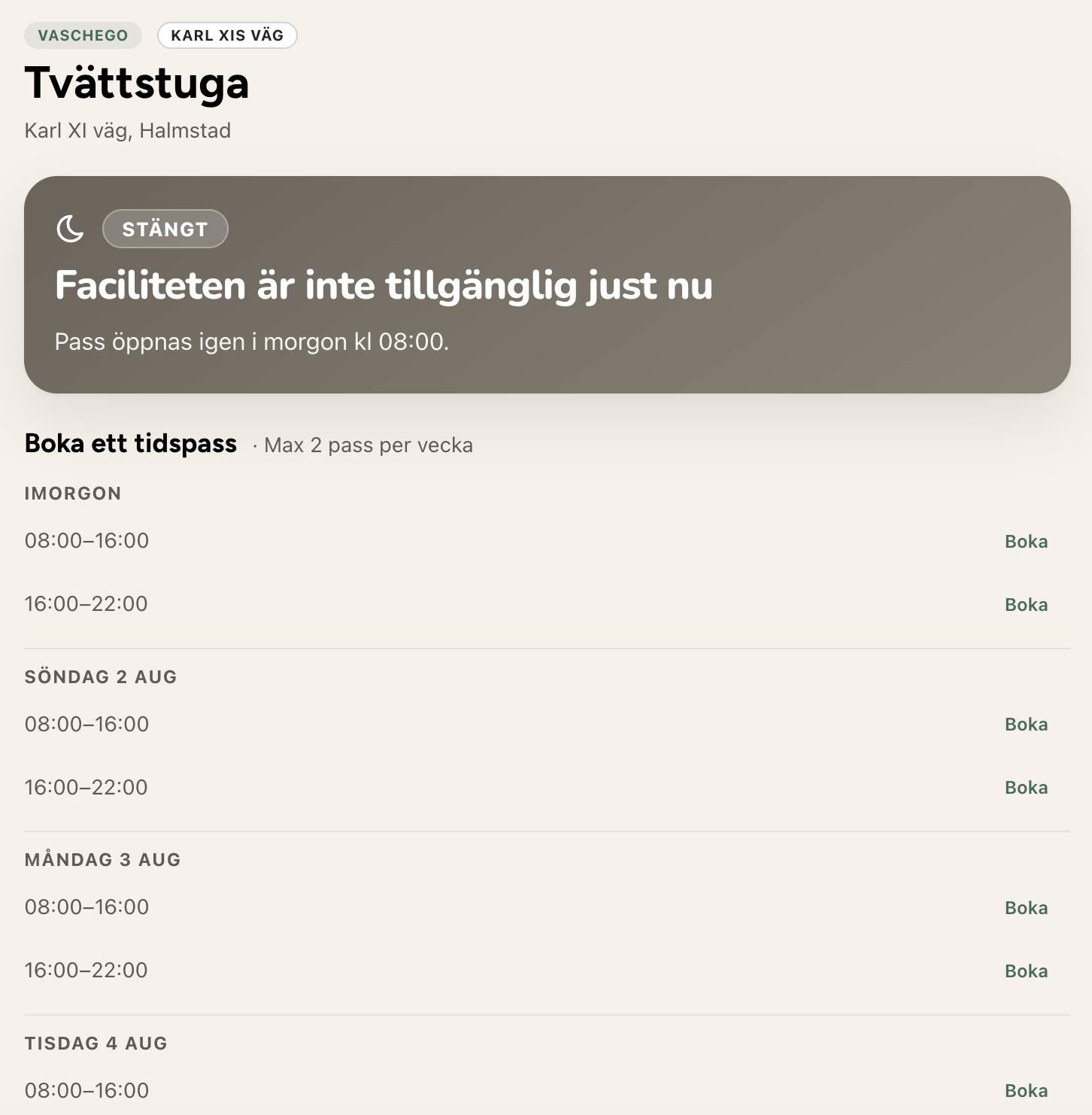 Bokningsvyn i tvättstugan