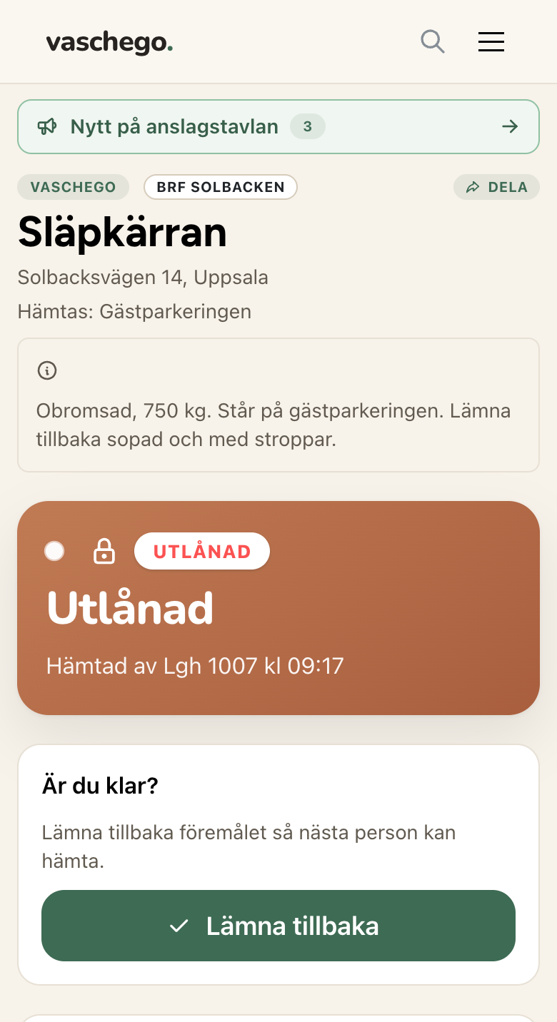 Resurssidan för släpkärran i mobilen, med raden "Nytt på anslagstavlan" överst och status och återlämning under