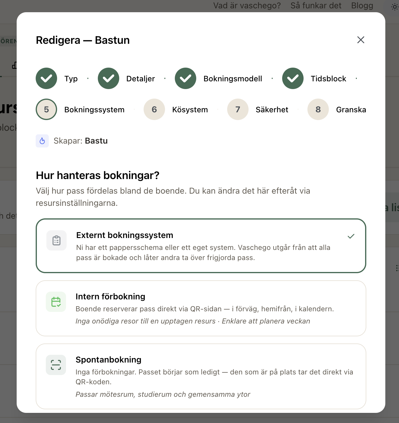 Resursguidens steg "Hur hanteras bokningar?" med tre val: Externt bokningssystem (markerat), Intern förbokning och Spontanbokning