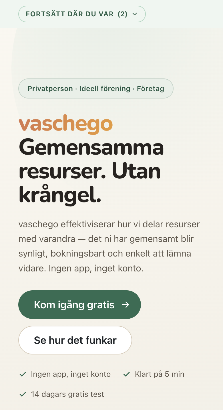 Knappen Fortsätt där du var högst upp på vaschego.se