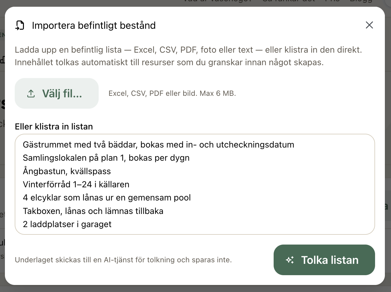 Importrutan med en inklistrad lista skriven i vardagsspråk