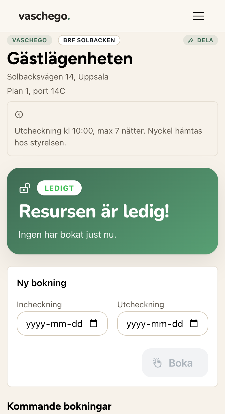 En resurssida i mobilen med status och bokningskalender