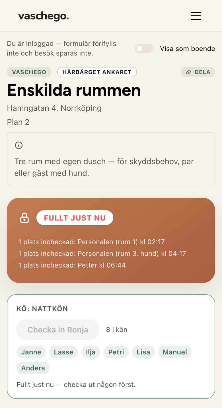 Enskilda rummen — statusen Fullt just nu med tre incheckade platser, kö-panelen med avstängd knapp och texten ”Fullt just nu — checka ut någon först”