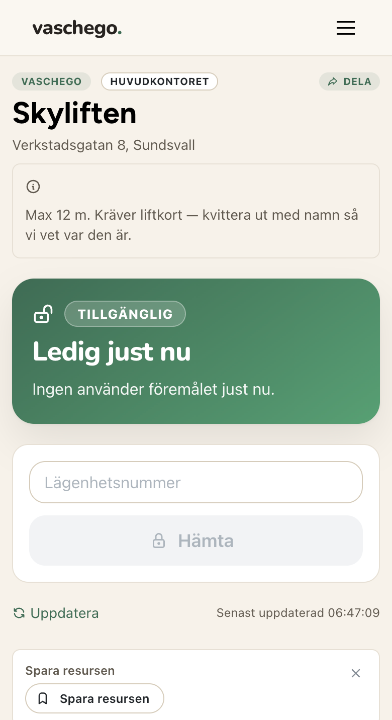 Resurssidan för Skyliften med live-status, Dela-knapp och Spara resursen-knapp
