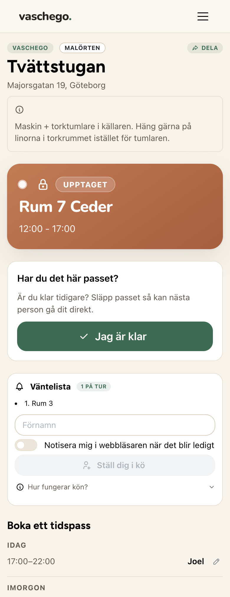 Resurssidan i mobilen: pågående pass, Jag är klar-knappen och väntelistan — utan inloggning