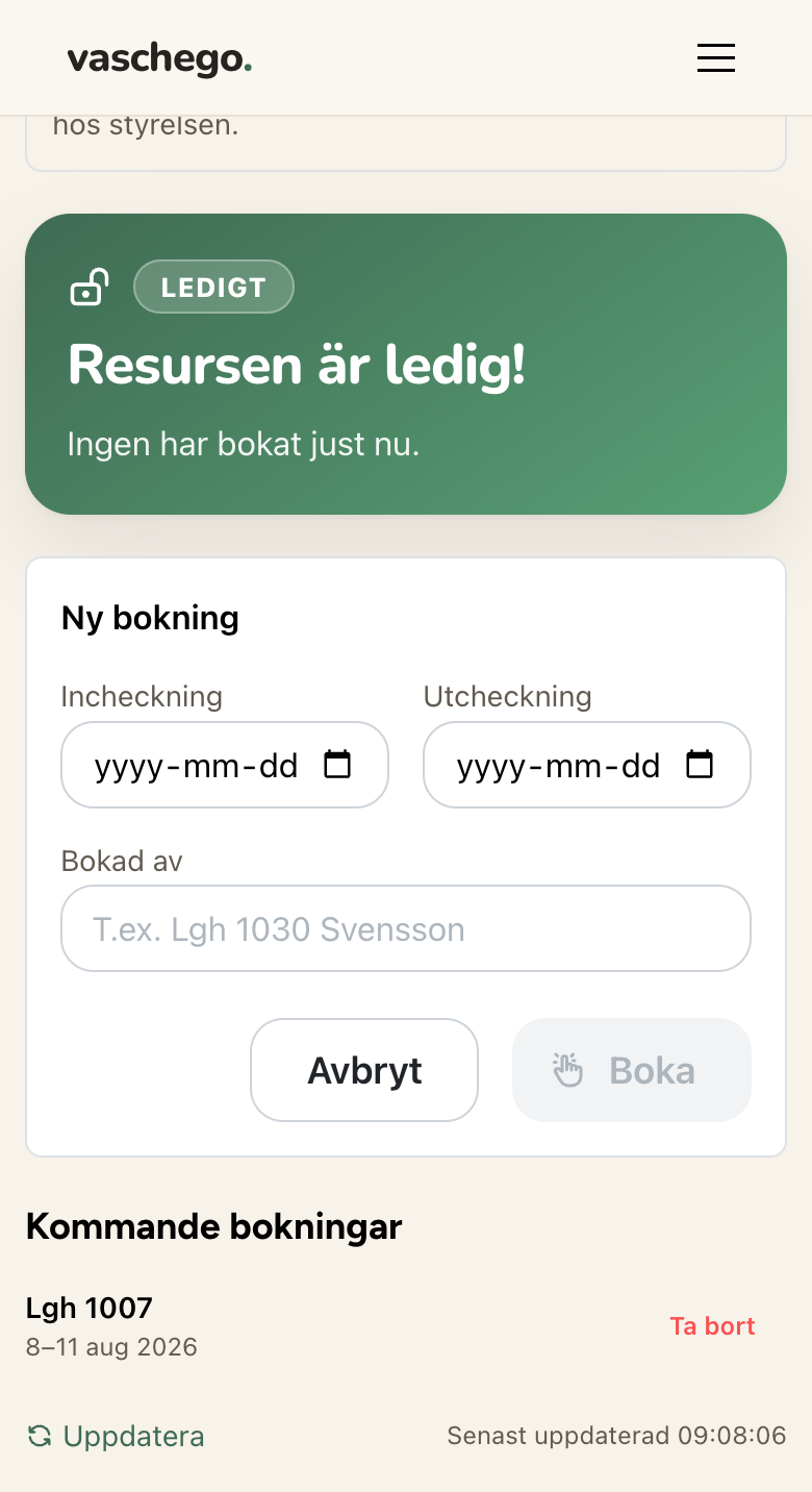 Gästlägenhetens bokningssida