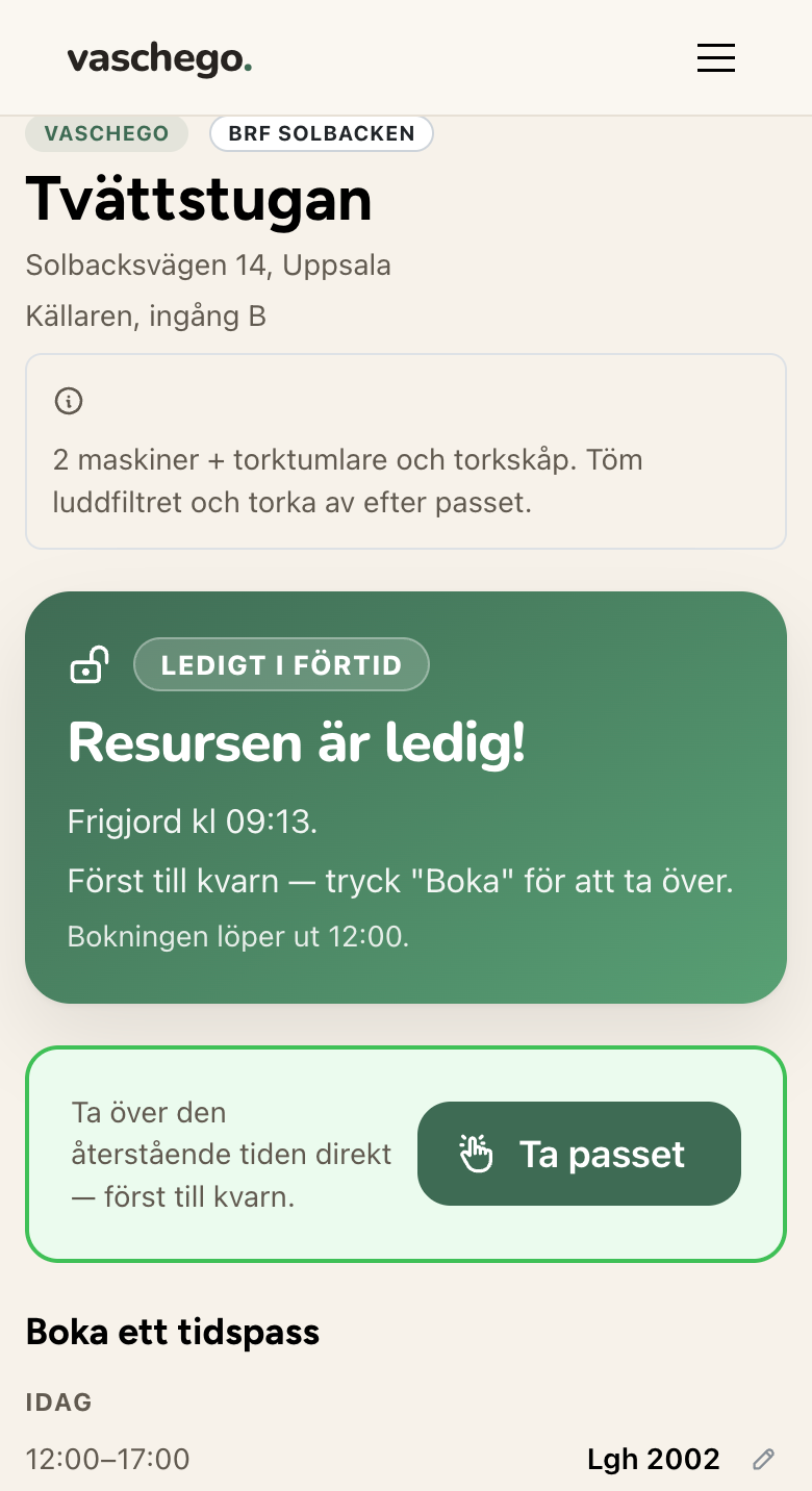 Tvättstugans sida med realtidsstatus