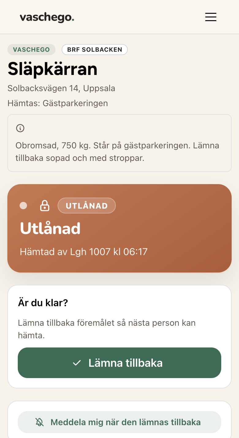 Släpkärrans lån & retur-sida