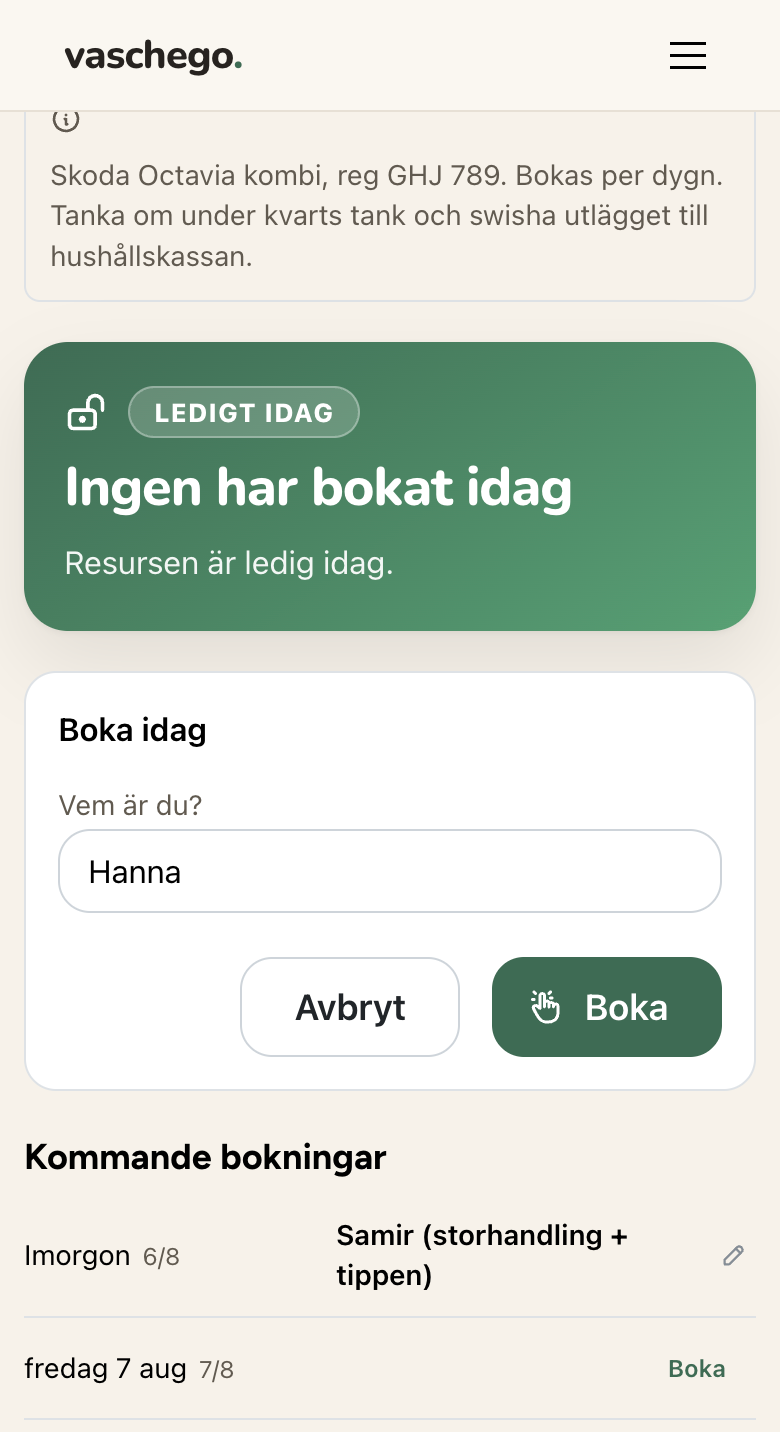Delningsbilens bokningssida