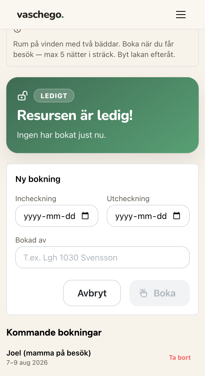 Gästrummets bokningssida