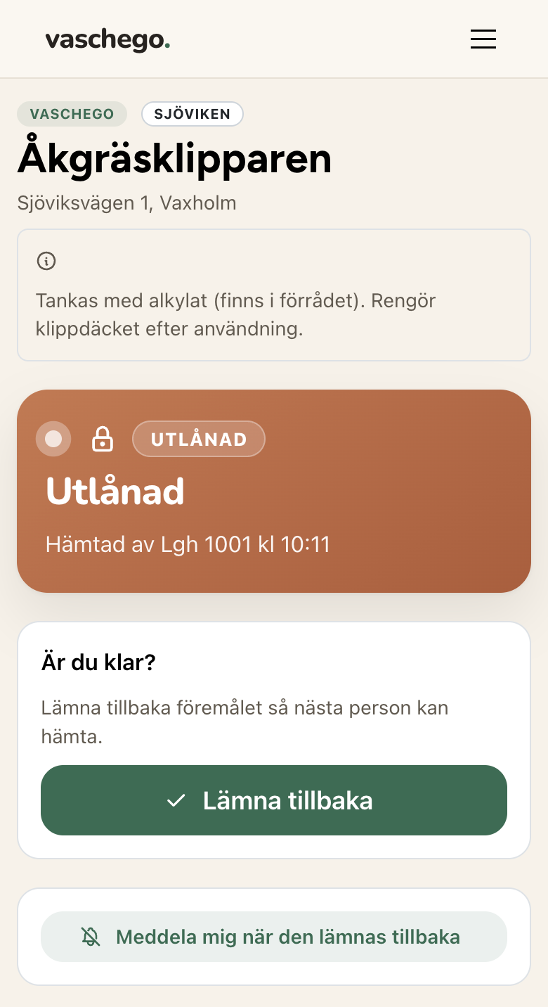 Resurssidan för samfällighetens åkgräsklippare — utlånad, med Lämna tillbaka-knapp