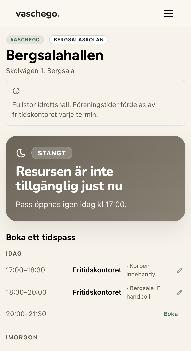 Samma hallsida med fritidskontorets bokningsvy