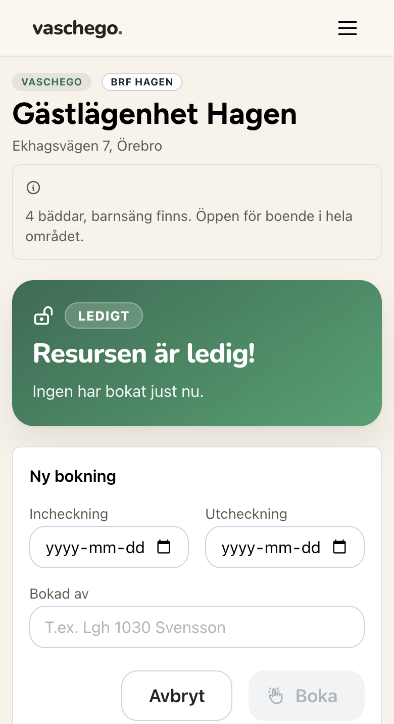 Gästlägenhetens bokningssida
