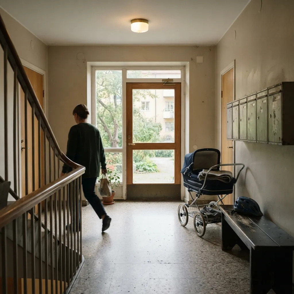 Trapphus i ett sjuttiotalshus, en granne på väg ut mot gården, brevlådor på väggen, en barnvagn och en bänk med en cykelhjälm