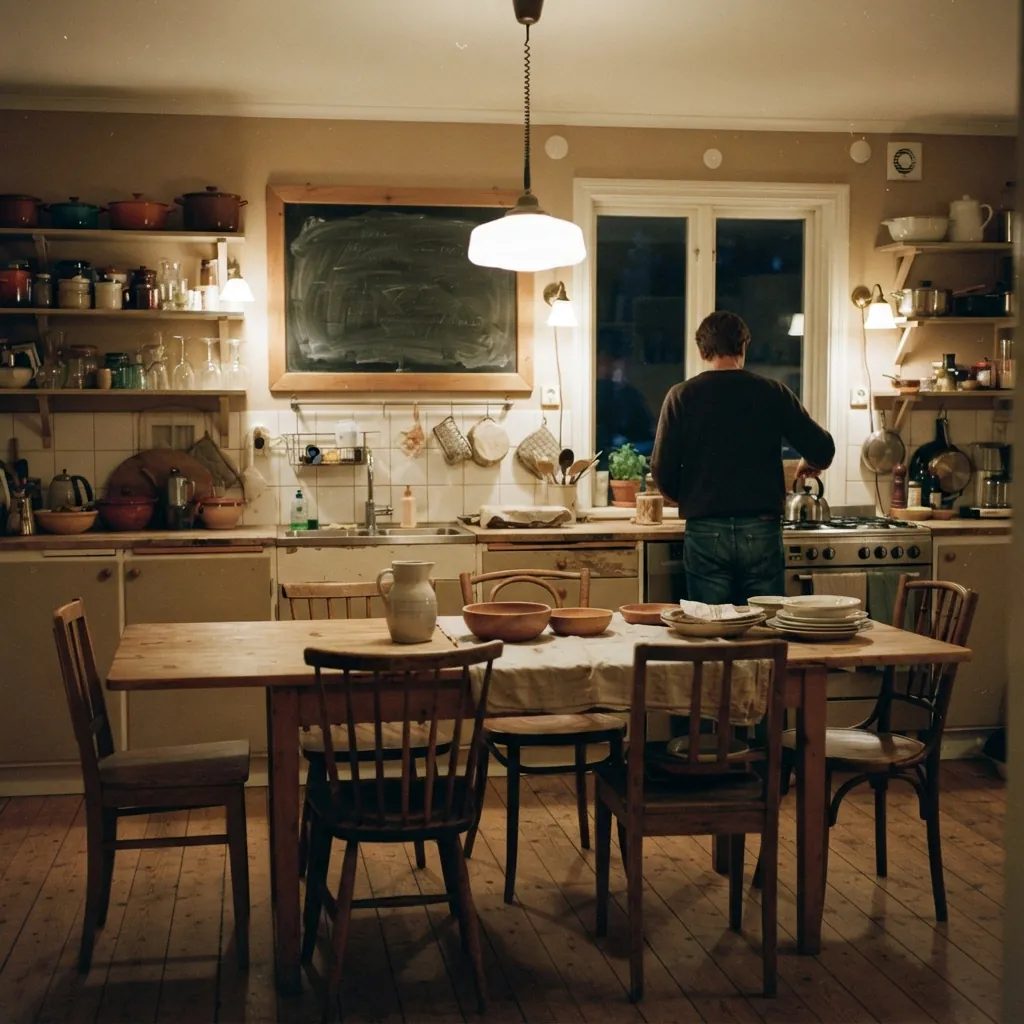 Det stora gemensamma köket i ett kollektiv, ett långt träbord med olika stolar, öppna hyllor med kastruller och burkar, en griffeltavla och en person bakifrån vid spisen i kvällsljus