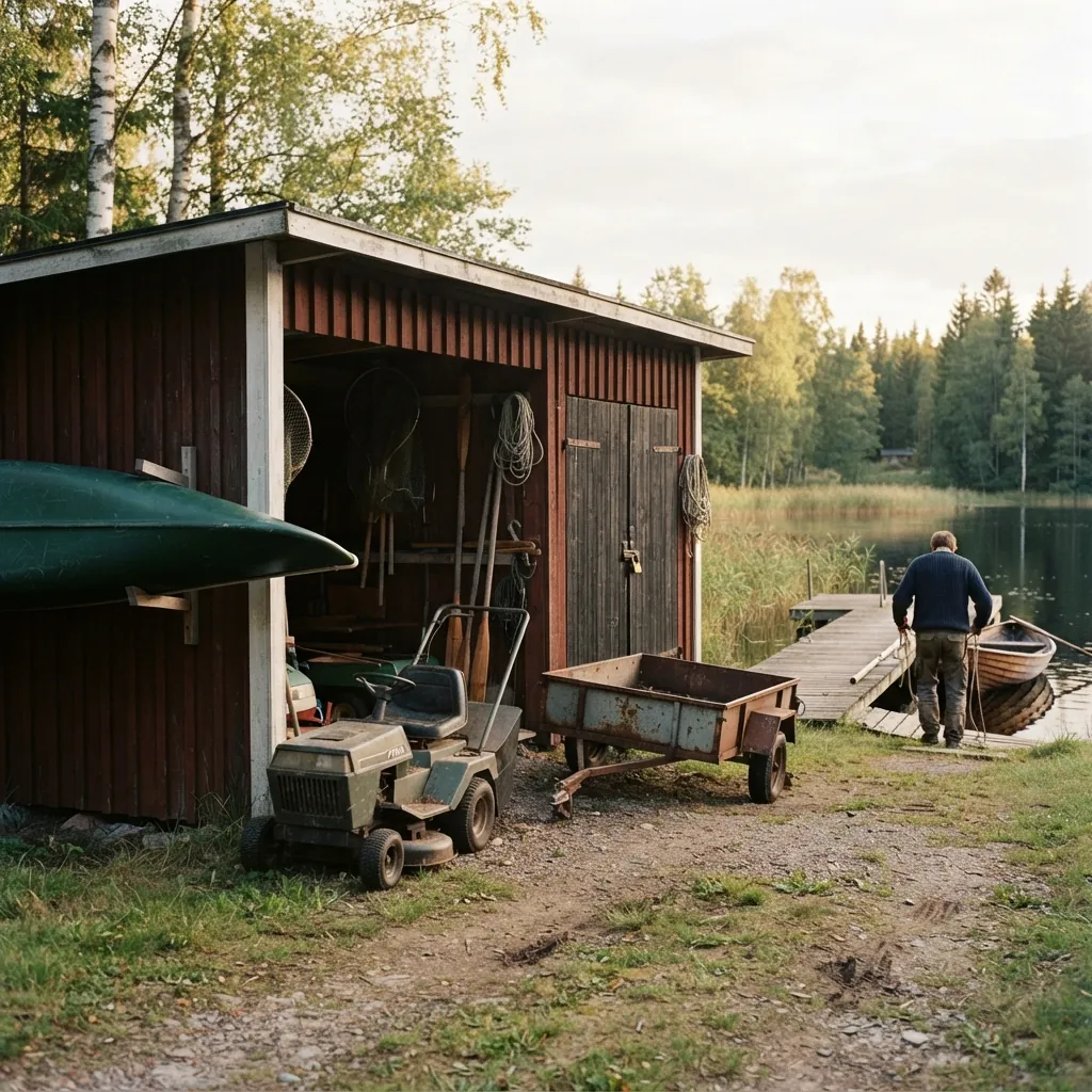 Samfällighetens förråd vid sjön, en åkgräsklippare och en släpkärra under tak, en kanot på väggen och bryggan i bakgrunden
