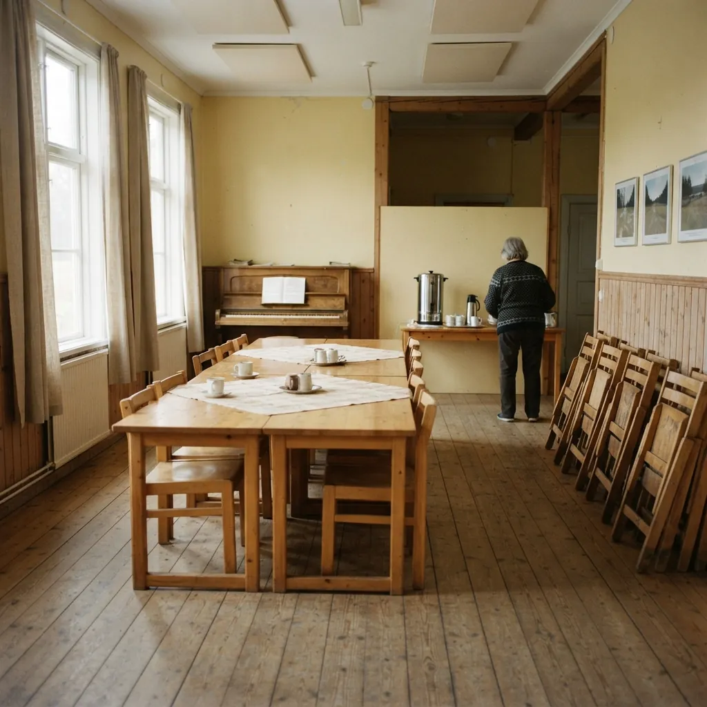 Samlingssalen i en bygdegård, trägolv, långbord med dukar och kaffekoppar, ett piano, hopfällda stolar längs väggen och en person bakifrån vid kaffebryggaren