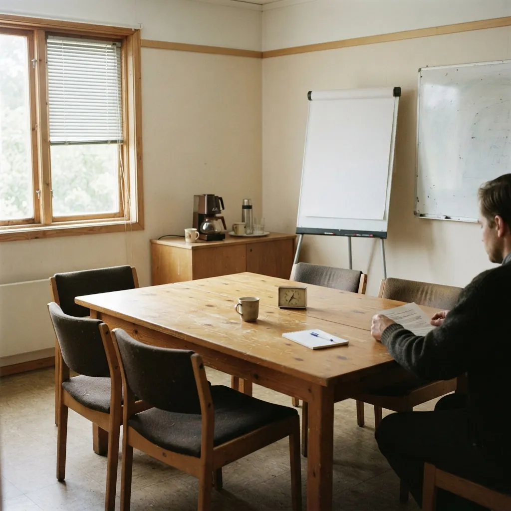 Ett mindre företags mötesrum, ett slitet träbord med stolar, ett blädderblock, en whiteboard och en kaffebryggare på ett sidobord