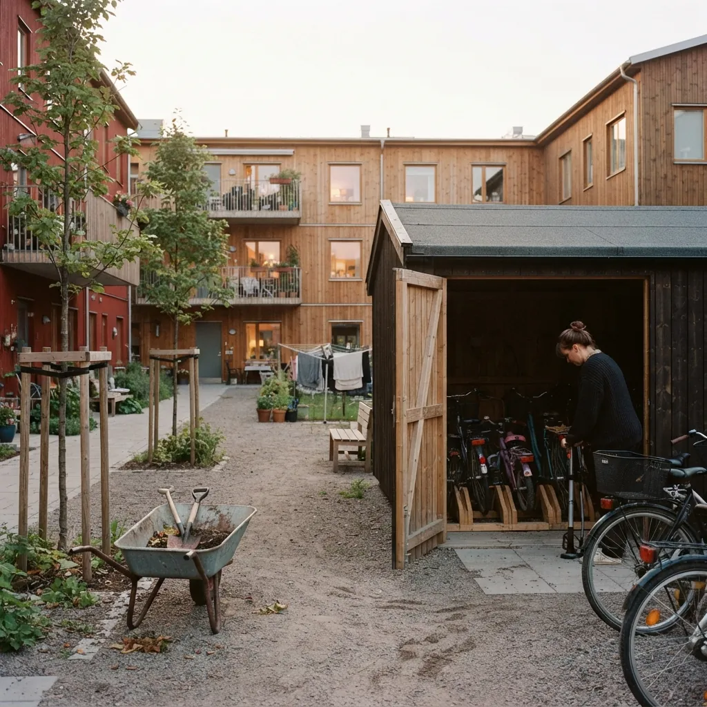Nybyggd innergård mellan trähus i kvällsljus, ett cykelförråd med öppen dörr, en skottkärra och nyplanterade träd