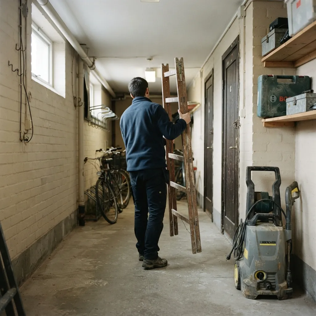 Källargången i ett vanligt flerbostadshus, en granne bakifrån som bär en stege, cyklar längs väggen, en högtryckstvätt och verktygslådor på hyllan