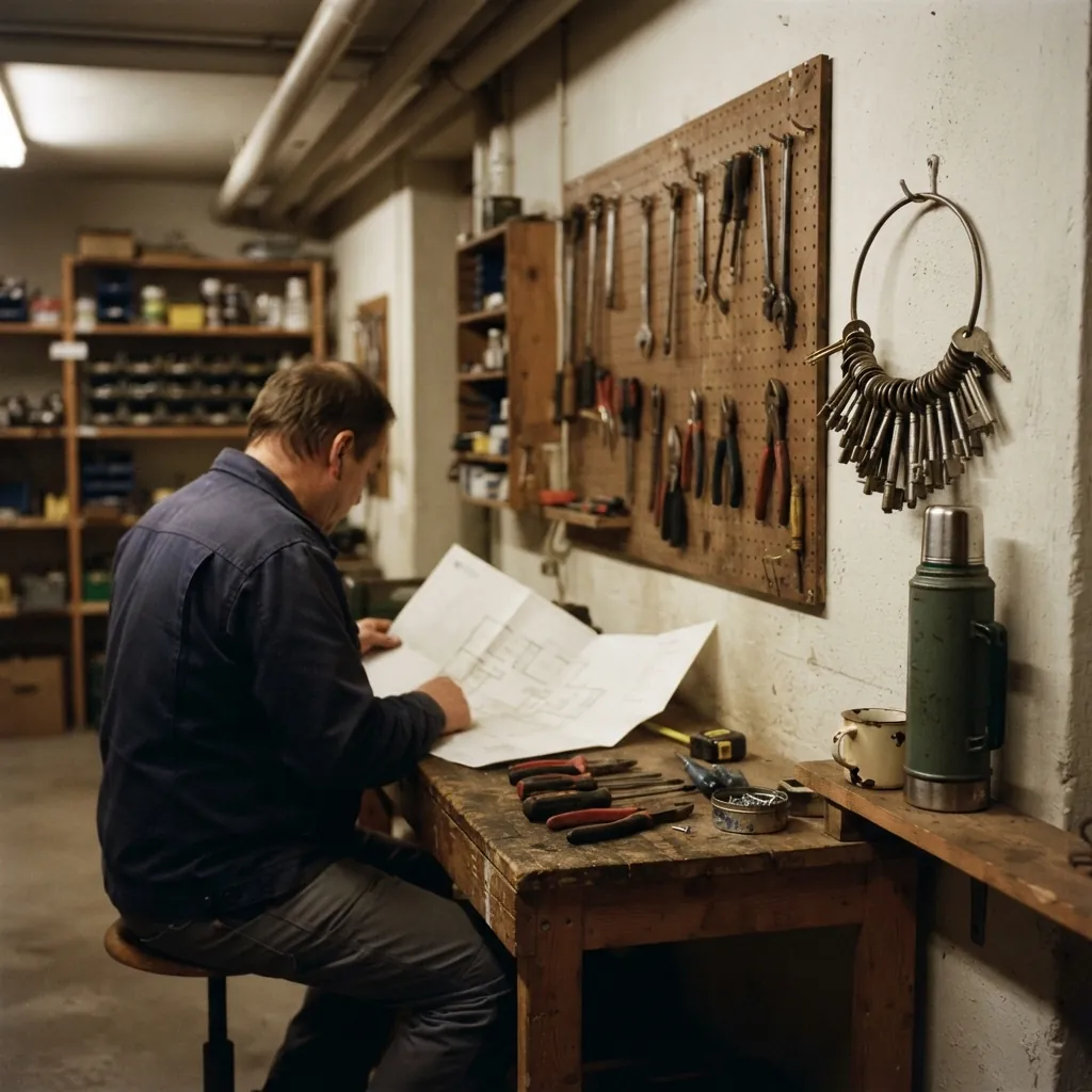 Fastighetsskötarens verkstad i källaren, en pegboard med verktyg, en ring med många nycklar på kroken och en man som läser en planritning vid arbetsbänken