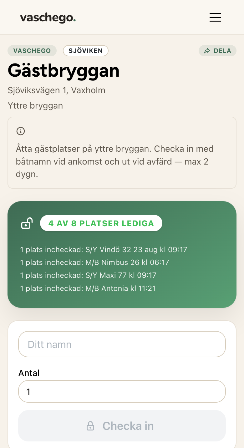Gästbryggans platssida — 4 av 8 platser lediga, incheckning med båtnamn